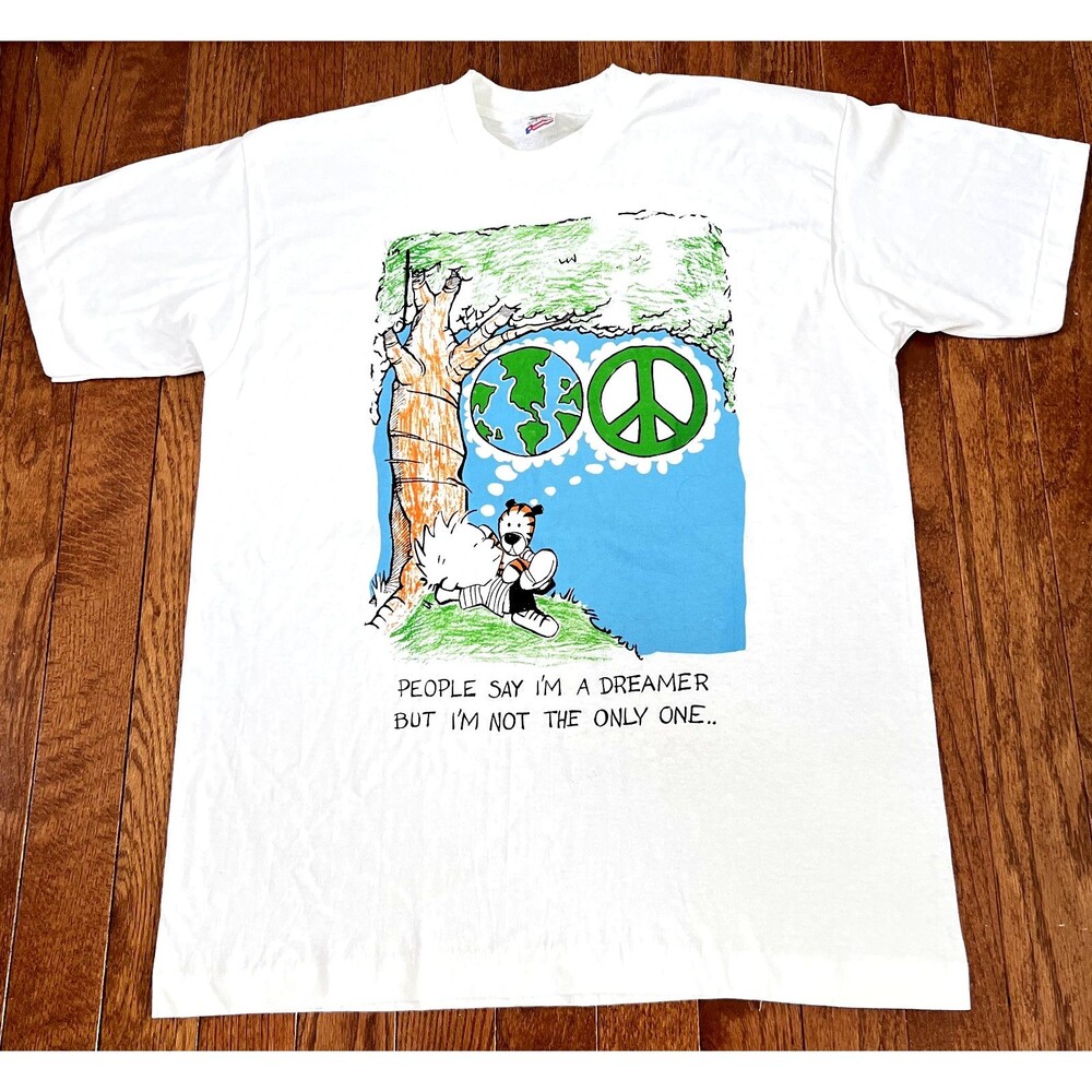 Vintage 90s Calvin Hobbes Peace Tee Mens XL Fruit of the Loom Made in USA Cotton
